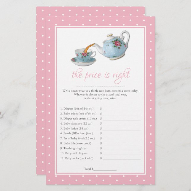 Elegant Teacups Baby shower Tea Party Game (Voorkant / Achterkant)