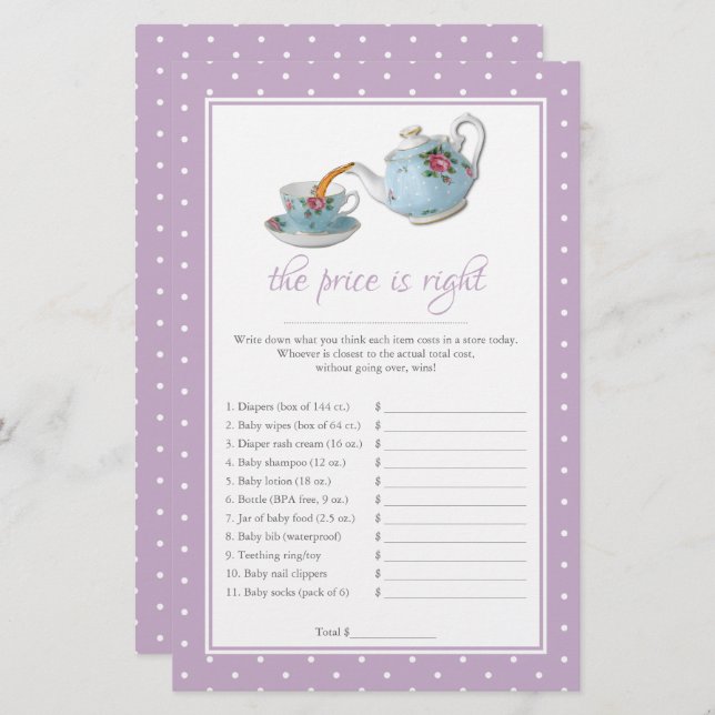 Elegant Teacups Baby shower Tea Party Game (Voorkant / Achterkant)