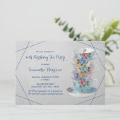 Elegant Teacups Birthday Tea Party Invitation Kaart (Staand voorkant)