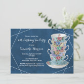 Elegant Teacups Birthday Tea Party Invitation Kaart (Staand voorkant)