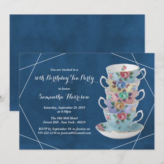Elegant Teacups Birthday Tea Party Invitation Kaart (Voorkant / Achterkant)