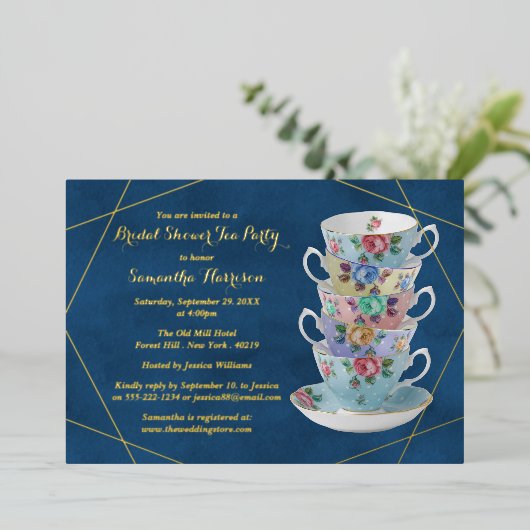 Elegant Teacups Vrijgezellenfeest Tea Party Real Folie Uitnodiging (Staand Voorkant)