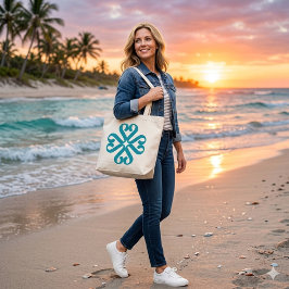 Elegant Teal Abstract Bloemendrietand Initialen Tote Bag