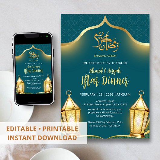 Elegant Teal and Gold Islamic Iftar Dinner Kaart