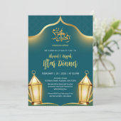 Elegant Teal and Gold Islamic Iftar Dinner Kaart (Staand voorkant)