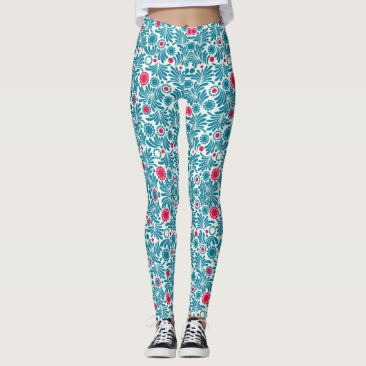 Elegant Teal and Magenta Foliage Pattern Leggings (Voorkant)