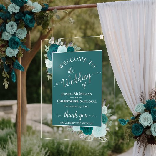 Elegant Teal & Aqua Boho Roses Wedding Welcome Acryl Bord