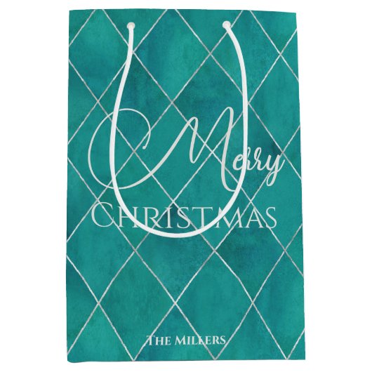 Elegant Teal Argyle Patroon Prettig Kerstfeest Medium Cadeauzakje (Voorkant)