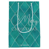 Elegant Teal Argyle Patroon Prettig Kerstfeest Medium Cadeauzakje (Achterkant)