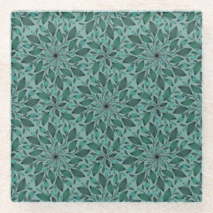 Elegant teal bloempatroon met bladmandala  glazen onderzetter