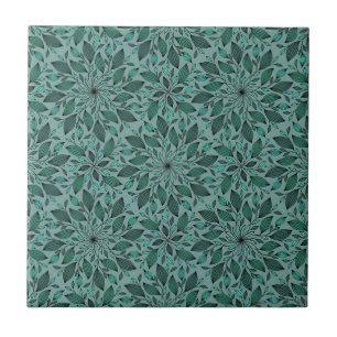 Elegant Teal Bloempatroon met Leaf Mandala Tegeltje