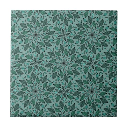 Elegant Teal Bloempatroon met Leaf Mandala Tegeltje (Voorkant)