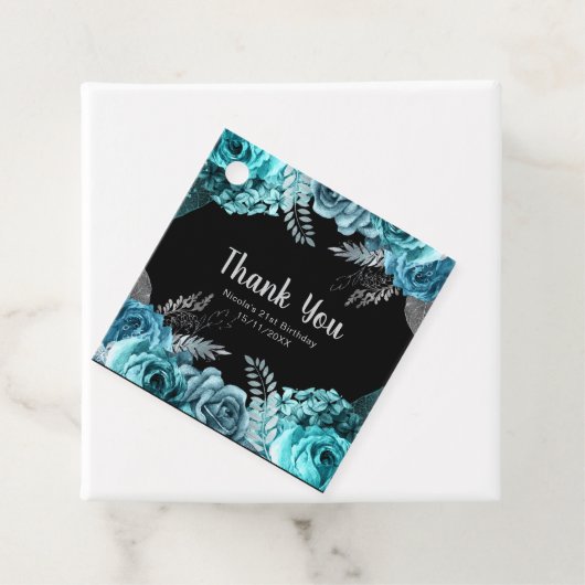 Elegant Teal Blue and Silver Flower Birthday Party Bedankjes Labels (In situ)