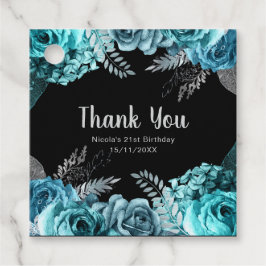 Elegant Teal Blue and Silver Flower Birthday Party Bedankjes Labels