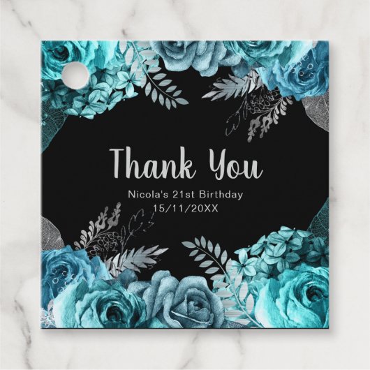 Elegant Teal Blue and Silver Flower Birthday Party Bedankjes Labels (Voorkant)