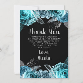 Elegant Teal Blue and Silver Flower Birthday Party Bedankkaart
