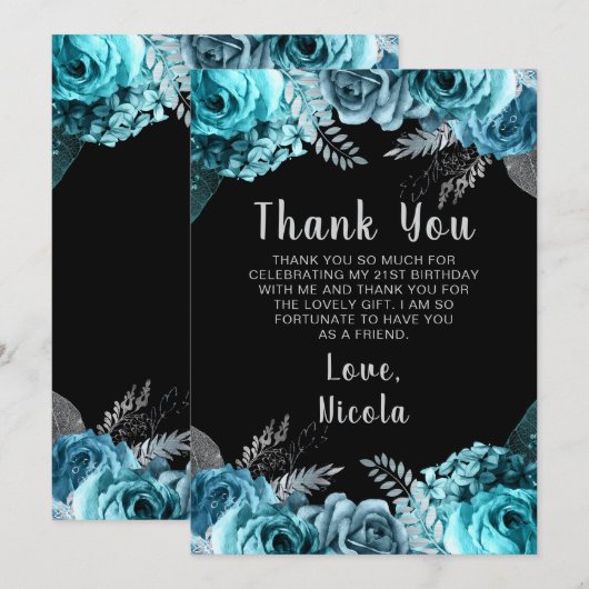 Elegant Teal Blue and Silver Flower Birthday Party Bedankkaart (Voorkant / Achterkant)