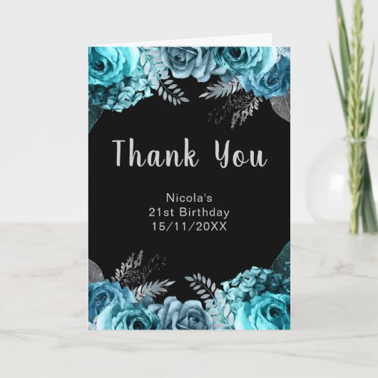 Elegant Teal Blue and Silver Flower Birthday Party Bedankkaart (Voorkant)