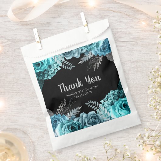 Elegant Teal Blue and Silver Flower Birthday Party Bedankzakje (Geknipt)