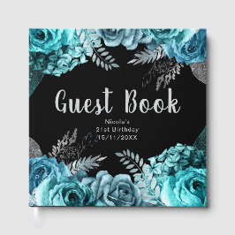 Elegant Teal Blue and Silver Flower Birthday Party Gastenboek