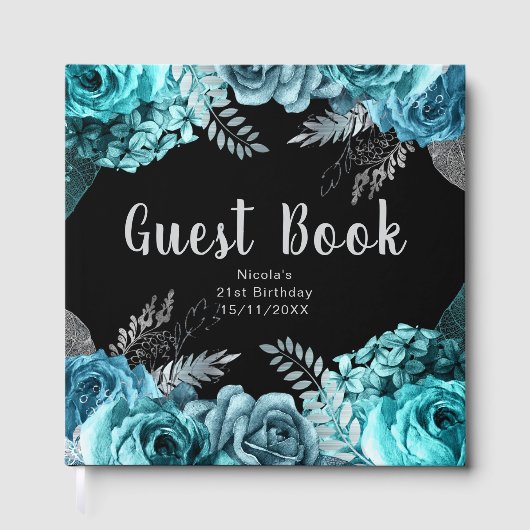 Elegant Teal Blue and Silver Flower Birthday Party Gastenboek (Voorkant)