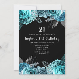 Elegant Teal Blue and Silver Flower Birthday Party Kaart