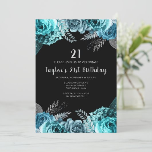 Elegant Teal Blue and Silver Flower Birthday Party Kaart (Staand voorkant)