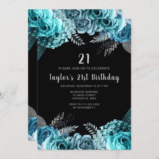 Elegant Teal Blue and Silver Flower Birthday Party Kaart (Voorkant / Achterkant)