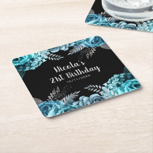 Elegant Teal Blue and Silver Flower Birthday Party Kartonnen Onderzetters (Schuin)