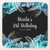 Elegant Teal Blue and Silver Flower Birthday Party Kartonnen Onderzetters (Voorkant)