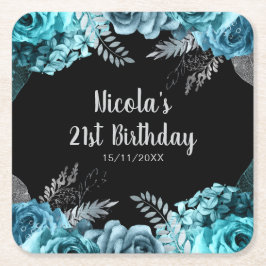 Elegant Teal Blue and Silver Flower Birthday Party Kartonnen Onderzetters