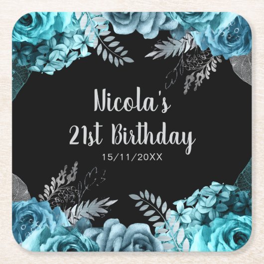 Elegant Teal Blue and Silver Flower Birthday Party Kartonnen Onderzetters (Voorkant)