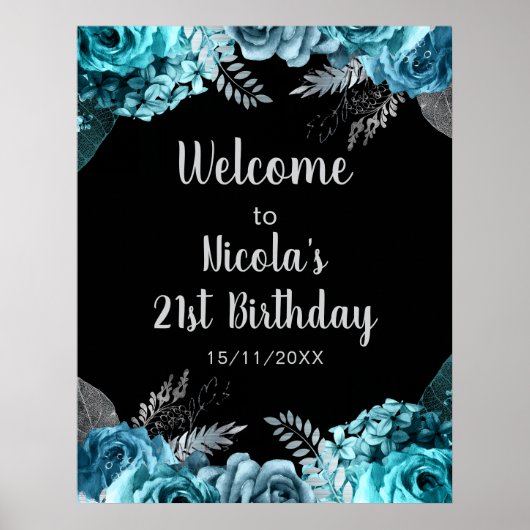 Elegant Teal Blue and Silver Flower Birthday Party Poster (Voorkant)