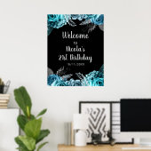 Elegant Teal Blue and Silver Flower Birthday Party Poster (Thuiskantoor)