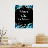 Elegant Teal Blue and Silver Flower Birthday Party Poster (Keuken)