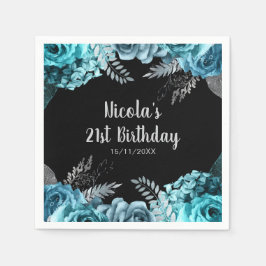 Elegant Teal Blue and Silver Flower Birthday Party Servet