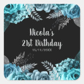 Elegant Teal Blue and Silver Flower Birthday Party Vierkante Sticker (Voorkant)