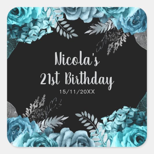 Elegant Teal Blue and Silver Flower Birthday Party Vierkante Sticker (Voorkant)