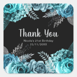 Elegant Teal Blue and Silver Flower Birthday Party Vierkante Sticker