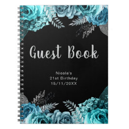 Elegant Teal Blue and Silver Flower Guest Book Notitieboek