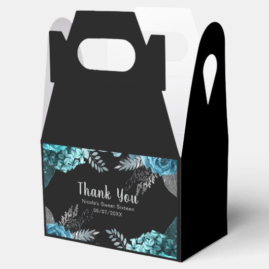 Elegant Teal Blue and Silver Flowers Sweet Sixteen Bedankdoosjes (Geopend)