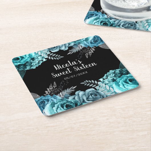Elegant Teal Blue and Silver Flowers Sweet Sixteen Kartonnen Onderzetters (Schuin)