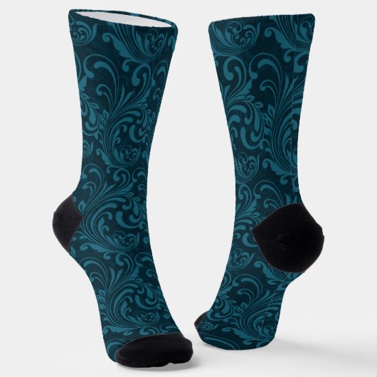 Elegant Teal Blue Baroque Floral Pattern Sokken (Gebogen)