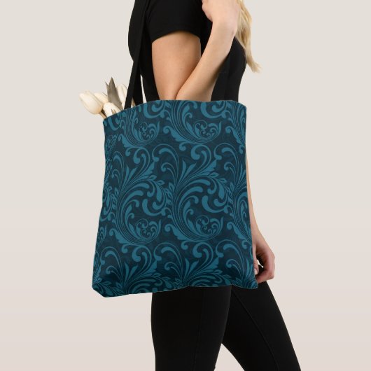 Elegant Teal Blue Baroque Floral Pattern  Tote Bag (Dichtbij)