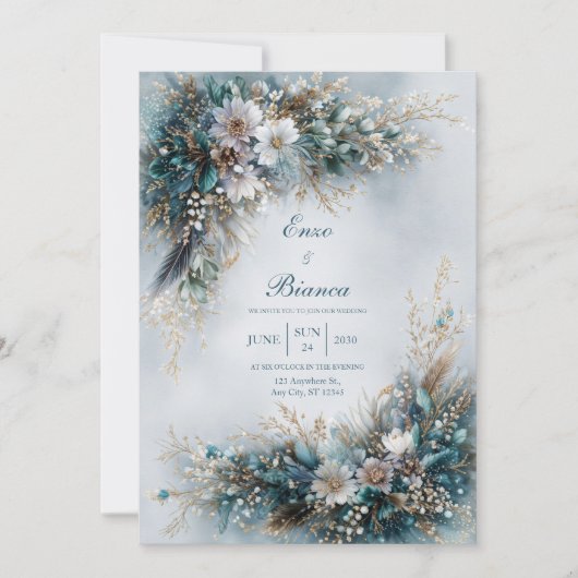 Elegant Teal Blue Floral Gold Feather Wedding Kaart (Voorkant)