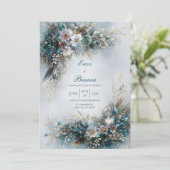 Elegant Teal Blue Floral Gold Feather Wedding Kaart (Staand voorkant)
