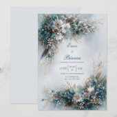 Elegant Teal Blue Floral Gold Feather Wedding Kaart (Voorkant / Achterkant)