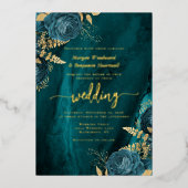 Elegant Teal Blue Gold Floral Wedding Folie Uitnodiging (Voorkant)