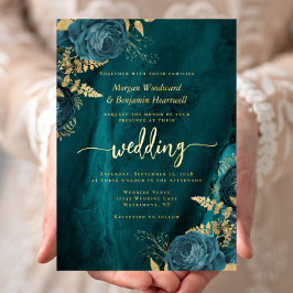 Elegant Teal Blue Gold Floral Wedding Folie Uitnodiging