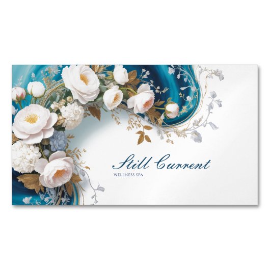 Elegant Teal Blue Gold Silver Floral Peony Magnetisch Visitekaartje (Voorkant)
